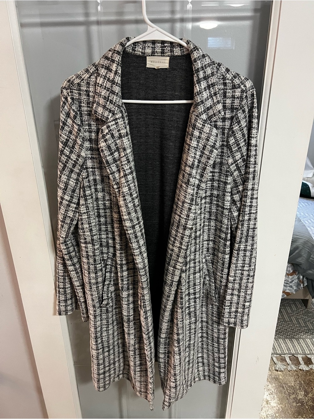 MELLODAY Black & White Plaid Open Front Longline Duster Jacket Coat